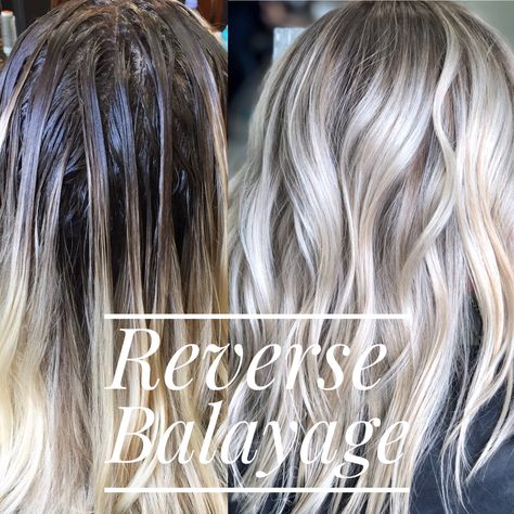 Learn why Reverse Balayage is a low-maintenance coloring Low Maintenance Blonde Balayage Natural, Blonde Balayage Vs Shadow Root, Reverse Balayage Bright Blonde, Blond Reverse Balayage, Balayage Hair Reverse, Balayage Vs Reverse Balayage, Lowlights To Break Up Blonde, Lowlights Added To Blonde, Reverse Balayage Platinum Blonde