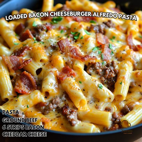 🍔🥓🧀 Loaded Bacon Cheeseburger Alfredo Pasta - A delicious fusion of flavors in one satisfying dish! Ingredients: - 8 oz pasta - 1 lb ground beef - 6 strips bacon (cooked and crumbled) - 1 cup shredded cheddar cheese - 1 cup Alfredo sauce - 1/2 cup diced onions - 1/2 cup diced tomatoes - Salt and pepper Instructions: 1. Cook pasta according to package instructions. 2. In a skillet, brown ground beef with onions, season with salt and pepper. 3. Drain excess fat, add cooked bacon, tomatoes, and ... Loaded Cheeseburger Alfredo Pasta, Bacon Cheeseburger Alfredo, Loaded Bacon Cheeseburger Alfredo, Bacon Cheeseburger Alfredo Pasta, Crumbled Bacon Recipes, Beechers Cheese Recipes, Ground Beef Alfredo Pasta Recipes, Loaded Bacon Cheeseburger Alfredo Pasta, Ground Beef Alfredo Pasta