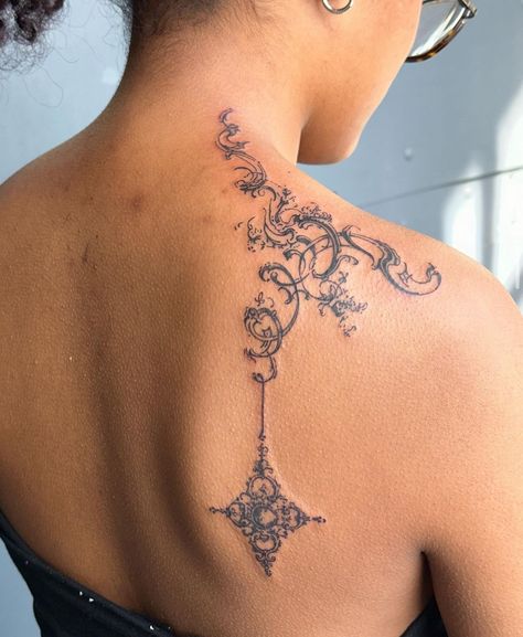 Fan Back Tattoo, Victorian Back Tattoo, Ornament Spine Tattoo, Whimsical Spine Tattoo, Spine Back Tattoo, Ethereal Tramp Stamp, Goth Back Tattoo Women Spine, Pelvic Tattoo Hip, Art Nouveau Spine Tattoo