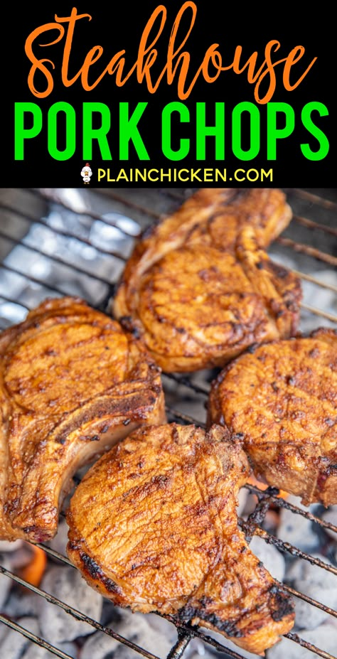 Steakhouse Pork Chops - hands down the BEST pork chops we've ever eaten!! Ridiculously easy to make! Marinate pork chops in steak seasoning and Worcestershire sauce then sprinkle with a delicious steakhouse rub of brown sugar, salt, garlic powder, onion powder, cumin, black pepper, cayenne pepper, and dry mustard. Ready to eat in under an hour! We made these twice in one week!! Our go-to pork chop recipe! #pork #porkchop #grilling @iowapork #sponsored Marinate Pork Chops, Steakhouse Pork Chops, The Best Pork Chops, Best Pork Chops, Pineapple Pork Chops, Pork Chop Recipes Grilled, Restaurant Italian, Marinated Pork Chops, Pork Entrees