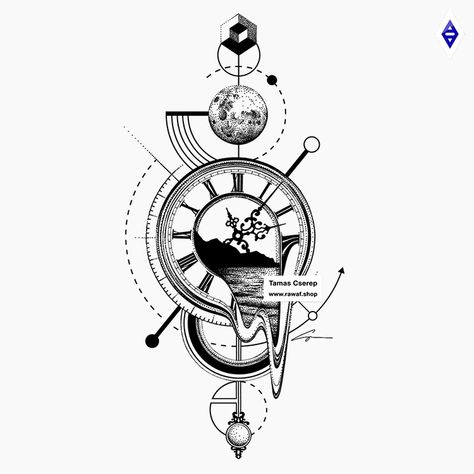 Dotwork geometric clock time tattoo design - you can find the high resolution file on my website (+ you can browse the full design gallery with almost 200 unique dotwork designs) - www.rawaf.shop Dotwork Tattoo Design, Time Clock Tattoo, In Search Of Lost Time, Heaven Tattoo, Geometric Clock, Clock Drawings, Melting Clock, Clock Tattoo Design, Planet Tattoos