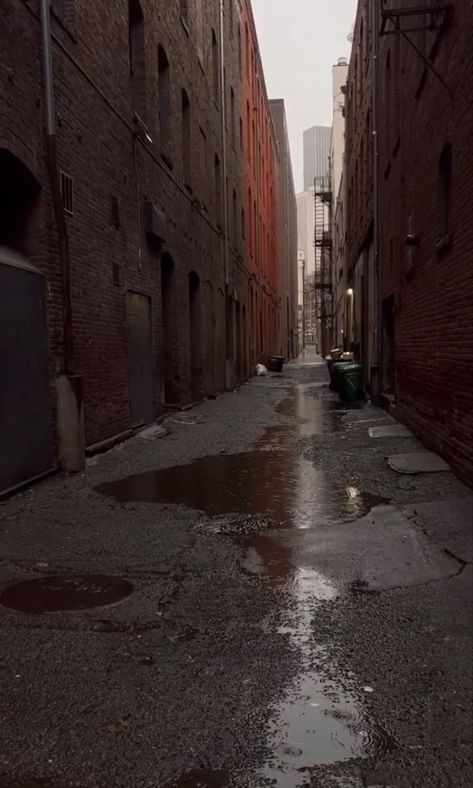 Gloomy Street Aesthetic, City Ally Way, Ally Way Aesthetic, Ally Way Drawing, Ally Way Background, Backround Refrences, Rainy Alleyway, Seattle Core, Foggy Rain