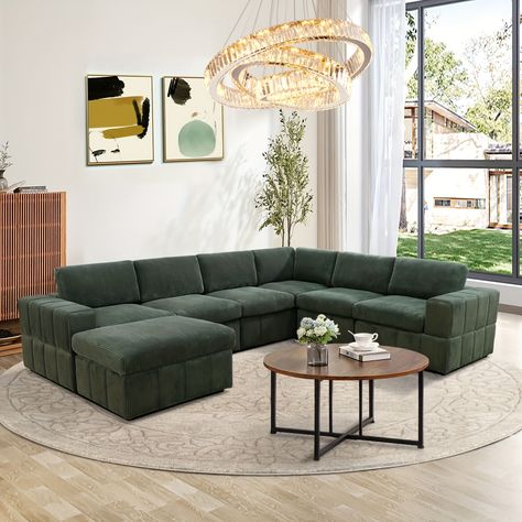 Green Sectional, Oversized Sectional Sofa, Sofa Sectionals, Sectional With Ottoman, Green Corduroy, Modular Sectional Sofa, Types Of Sofas, Ottoman In Living Room, Living Room Sets Furniture