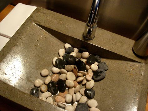 Such a lovely way to spa-i-fy any bathroom! Just a 1.00 bag of stones from the dollar store, hide your drain, and your bathroom looks 5x more chic! Guest Bathroom Sinks, Cement Sink, Dream Bath, Stone Bathroom, Stone Sink, Bathroom Update, Bathroom Spa, Clear Your Mind, Bathroom Sinks