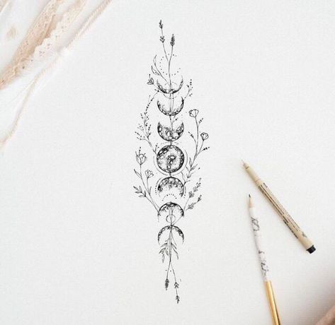 Spine Book Tattoos For Women, Moon Phase Tattoo Placement, Moon Phases Tattoo With Flowers, Nature Inspired Spine Tattoo, Floral Phases Of The Moon Tattoo, Forearm Moon Phase Tattoo, Moon Phases And Flower Tattoo, Moon Phase And Flower Tattoo, Feminine Moon Phase Tattoo