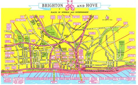 Nobody suggests a visit to Patcham... / Fabulous old tourist map of Brighton & Hove Brighton Map, Environment Map, Brighton Uk, Tourist Map, Brighton Beach, Book Arts, Brighton And Hove, Types Of Lettering, Seaside Towns