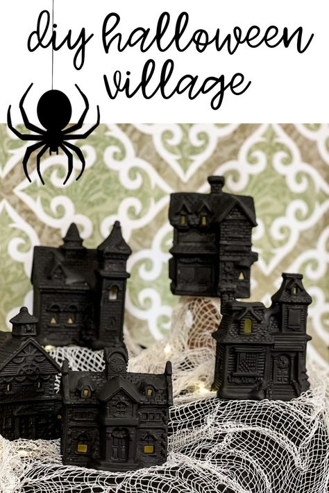 how to make a halloween village Christmas Village Turned Halloween, Halloween House Village, Diy Halloween Village Houses, Halloween Village Diy, Christmas Village Makeover, Halloween Decor Dollar Tree, Diy Halloween Village, Diy Haunted House, Halloween Village Display