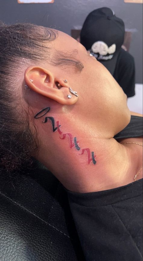 444 Tattoo Ideas Neck, Neck Tattoos Women Angel Numbers, Cute Small Tattoos For Black Women, 2004 Neck Tattoo, Angel Number 444 Tattoo Behind Ear, Angel Numbers Neck Tattoo, Small Tattoos For Black Women, 444 Tattoo Neck, Angel Number Tattoo Neck