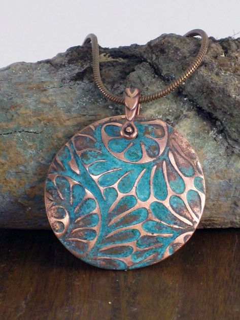 Copper Circle pendant with green patina | Etched jewelry, Earthy jewelry, Copper clay jewelry Copper Clay Jewelry, Etched Metal Jewelry, Copper Clay, Enameling Jewelry, Etched Jewelry, Copper Jewellery, Earthy Jewelry, Metalsmithing Jewelry, Green Patina