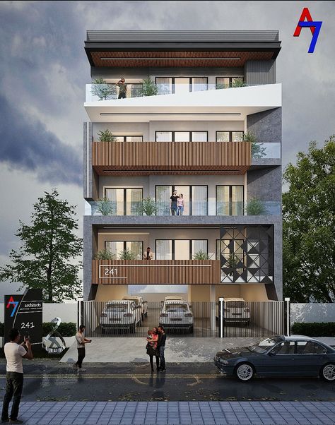 5 Floors Apartment Elevation Design, Modern Facade Design, Residential Elevation, Front Building Design, Exterior Elevation, 3 Storey House Design, Modern Bungalow House Design, House Outer Design, Facade Architecture Design