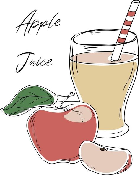 Colorful illustration of apple juice in a glass with straw, fresh pink apple, whole and sliced, isolated on white background. Hand-drawn doodle style. Vector illustration Apple Juice Drawing, Juice Drawing, Glass With Straw, Pink Illustration, Colorful Illustration, Doodle Style, Vector Banner, Pink Apple, Apple Juice