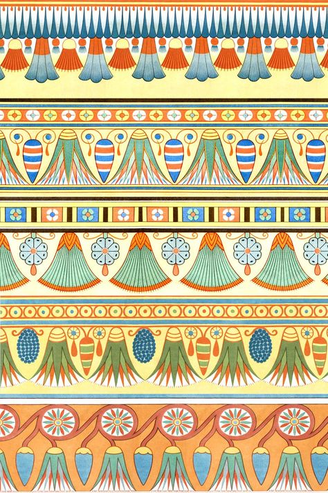 Discover a fantastic collection of twelve Egyptian Border Designs in wonderful colors. These flowered friezes were found painted inside of Egyptian tombs. Painted Borders Ideas, Egyptian Motifs Design Ancient Egypt, Egyptian Flower Tattoo Ancient Egypt, Egyptian Motifs Pattern, Ancient Egyptian Patterns, Egyptian Folk Art Motifs, Egyptian Border Design, Egyptian Shapes, Pharaonic Pattern