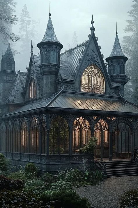 Gothic vampire house manor with ornate arches and turrets with glass sunroom garden surrounded with misty forest at dusk. Sink your teeth into the shadowy secrets and design wonders of Vampire Houses, perfect for bats, capes, and not-so-morning people. Gothic Tiny House, Mystical House, Sunroom Garden, Dark Modern House, Tiny Glade, Glass Sunroom, Gothic Homes, Vampire House, Gothic Cottage