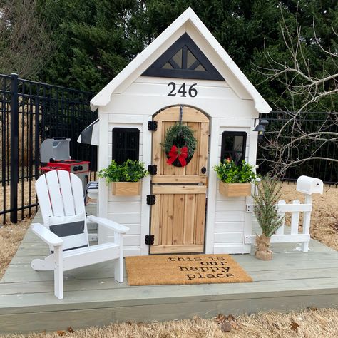 Aspen Playhouse Makeover, Backyard Playhouse Landscaping, Repaint Outdoor Playhouse, Inside Kids Playhouse, Kids Playhouse Outdoors Interior, Country Vista Playhouse Makeover, Playhouse Turned Doghouse, Diy Playhouse Makeover, Kidkraft Country Vista Playhouse Makeover