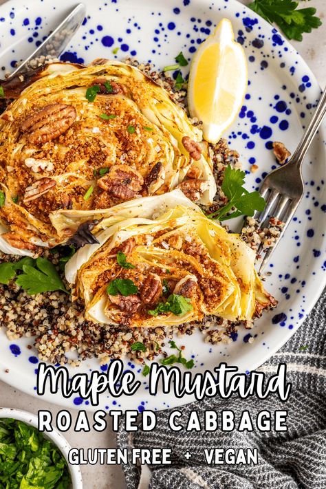 Maple Mustard Roasted Cabbage @spabettie #dairyfree #vegan #glutenfree #holiday #recipe Mustard Cabbage, Cabbage Steaks Recipe, Roasted Cabbage Steaks, Soul Food Recipes, Cabbage Steaks, Maple Mustard, Roasted Cabbage, Fall Dinner Recipes, Veggie Side Dishes