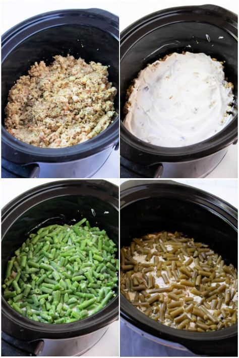 Chicken Stuffing Green Bean Casserole, Chicken Stuffing Green Beans, Green Bean Casserole Crockpot, Slow Cooker Chicken Stuffing, Stuffing Green Bean Casserole, Crockpot Green Beans, Green Bean Casserole Crock Pot, Love Bakes Good Cakes, Slow Cooker Green Beans