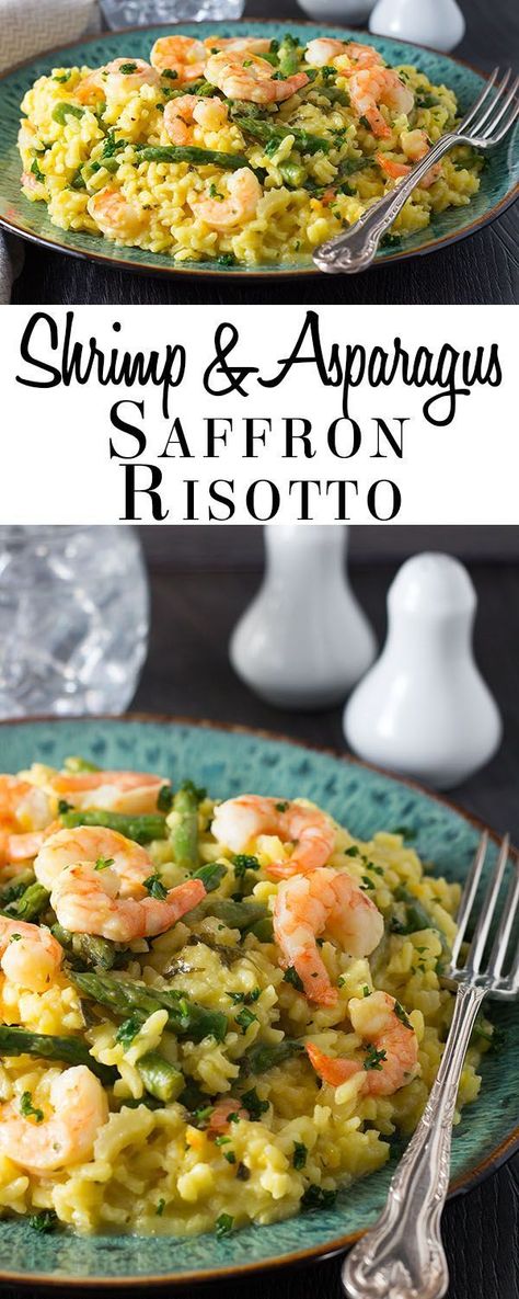 Saffron Risotto Recipes, Shrimp And Asparagus Risotto, Cooked Asparagus, Pecan Oil, Shrimp Asparagus, Saffron Risotto, Asparagus Risotto, Shrimp Risotto, Saffron Recipes