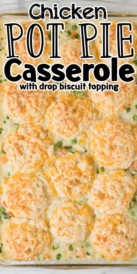 An easy twist on the classic chicken pot pie the entire family is sure to love. This easy chicken pot pie casserole with garlic cheddar drop biscuits is the perfect easy dinner recipe. Tender chicken and frozen vegetables in a creamy sauce topped with easy-to-make flaky biscuits is the ultimate comfort food. This easy chicken pot pie casserole recipe has all the flavors of a chicken pot pie but is made even easier! Chicken Pot Pie Casserole With Homemade Biscuits, Drop Biscuit Pot Pie, Biscuit Mix Chicken Pot Pie, Chicken And Drop Biscuits, Chicken Pot Pie With Ground Chicken, Chicken Pot Pie With Homemade Biscuits, Creamy Chicken And Biscuits Casserole, Chicken Pie Recipe Easy No Veggies, Chicken Pot Pie Biscuit Casserole