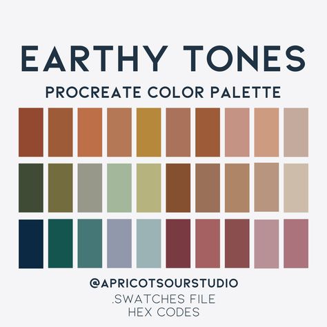 *DIGITAL DOWNLOAD* Discover the timeless elegance of nature with our Earthy Tones Procreate Color Palette. Inspired by the warm, organic hues found in the natural world, this palette offers a collection of 30 sophisticated and earthy shades, ranging from muted terracottas and soft moss greens to warm sandy beiges. Perfect for artists seeking to infuse their digital creations with a sense of grounded serenity, Earthy Tones provides a versatile selection for landscapes, portraits, and various arti Green Earthy Palette, Wedding Color Palette Earth Tones, Earthy Palette Living Room, Earthy Color Palate, Earthly Color Palette, Earthy Tones Apartment, Earth Tone Swatches, Earthly Tones Palette, Earth Tones With A Pop Of Color