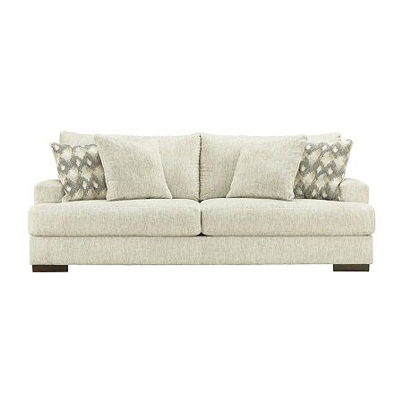 Easy on the eyes and irresistibly comfortable, this sofa s covered in luxurious chenille microfiber in a light, neutral hue that blends beautifully in a room. Wide track arms have a contemporary look and plush cushions cradle you comfortably. Textured accent pillows in complementary colors add subtle contrast.Included: 1 Sofa(s), 4 Throw Pillow(s)Features: 4 Legs, Upholstered, CushionedArm Style: Track ArmJoinery: Blocked, Screwed, Glued, NailedSeat Back Height: 18 InSeat Height: 19 InSofa Measu Ashley Sofa, Oriented Strand Board, Fabric Accent Chair, Sleeper Sectional, Beige Sofa, Chair And A Half, Fabric Ottoman, American Furniture, Love Your Home