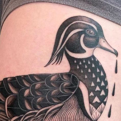 Duck Head Tattoo, Duck Sleeve Tattoo, Mallard Tattoo Ideas, Wood Duck Tattoo, Ruffed Grouse Tattoo, Odd Duck Tattoo, Mallard Duck Tattoo Black And White, Duck Tattoos, Wood Ducks