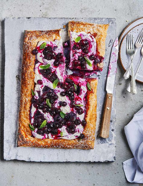 Make the puff pastry base and blueberry compote ahead for a speedy assembly job ideal for your next summer dinner party Mascarpone Recipes, Fridge Cake, Blueberry Compote, Raspberry Recipes, Dinner Party Summer, Pastry Sheets, Blueberry Recipes, Sweet Pastries, Recipe Roundup