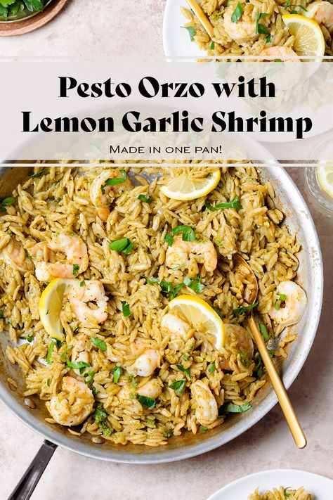 Shrimp Orzo Recipes Healthy, Shrimp For Dinner, Easy Orzo, Pesto Orzo, Shrimp Orzo, Fun Pasta, Pesto Shrimp, Lemon Pesto, Lemon Shrimp