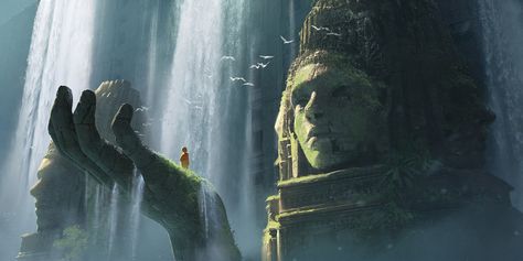 Discover The Art of Jessica Woulfe, a Concept Artist and Illustrator based in Vancouver, Canada. Giant Statue, The Ancient One, Bg Design, Ancient Statues, Landscape Concept, Fantasy Setting, Fantasy Places, Matte Painting, Fantasy Art Landscapes