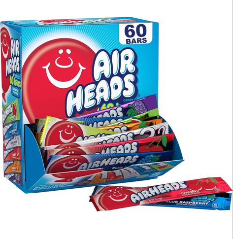 Amazon.com : Airheads Candy Bars, Variety Bulk Box, Chewy Full Size Fruit Taffy, Gifts, Holiday, Parties, Concessions, Pantry, Non Melting, Party, 60 Individually Wrapped Full Size Bars : Taffy Candy : Grocery & Gourmet Food Airheads Candy, Taffy Candy, Candy Bar Wedding, Concession Stand, Free Candy, Bulk Candy, Candy Bars, Wedding Candy, Peanut Free