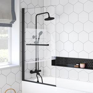 Bathroom Mountain, Folding Screens, Bath Screen, Black And Gold Bathroom, Shower Screens, Bathroom Ensuite, Black Taps, Black Bath, Shower Niche