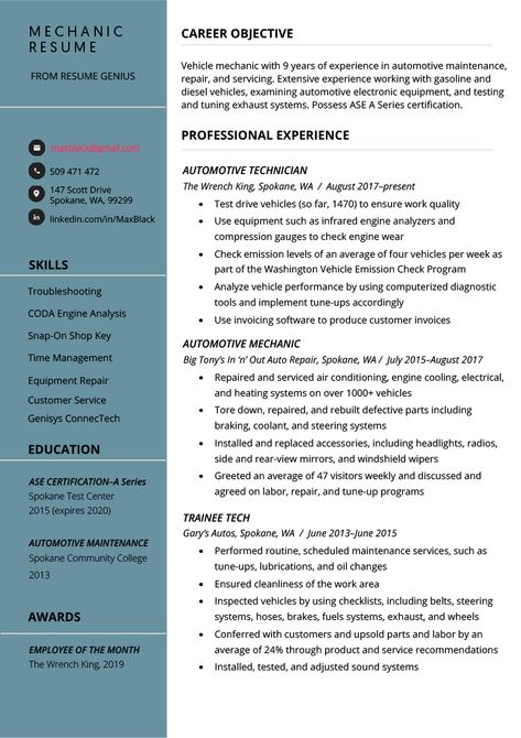 Future Career Path: Mechanic Resume Example & Writing Tips | Resume Genius Mechanic Resume, Cv Writing, Basic Mechanics, Resume Objective Examples, Automotive Technician, Good Resume Examples, Online Resume, Resume Objective, Writing Templates