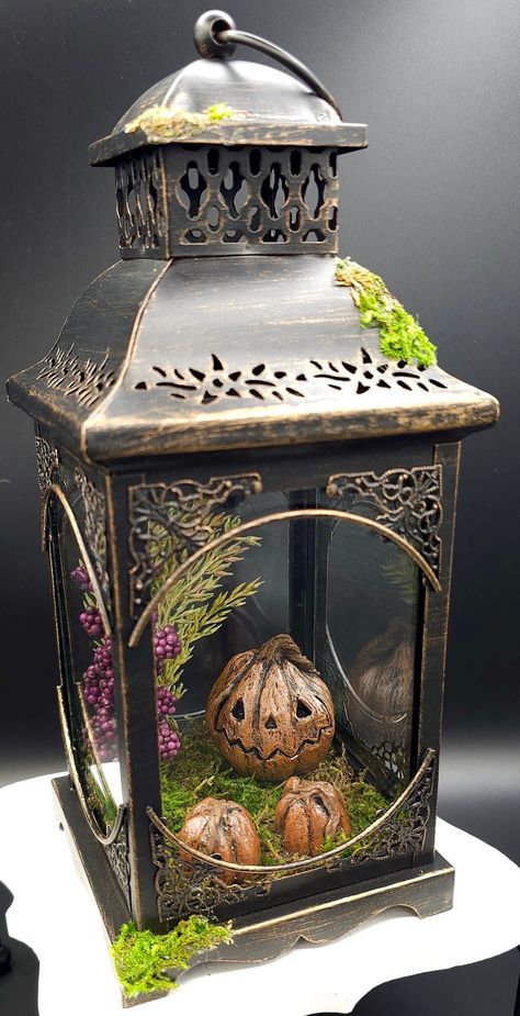 This decorative lantern features a happy jack-o-lantern pumpkin and 2 mini pumpkins, all hand sculpted and hand painted with care. Faux grasses and fall floral accents fill up the inside of this bronzed lantern with glass window panels.  These lanterns look great sitting on a table top or hanging. Bring a unique, handmade touch to any Halloween display! PLEASE NOTE: This lantern does NOT light up. But easily add a string of battery operated fairy lights at home for added flare! Floating Jack O Lanterns, Halloween Lantern Decor, Lantern Diorama, Lantern Terrarium, Tea Cups Diy, Halloween Vignette, Halloween Pumpkin Patch, Fairy Lantern, Fall Lanterns