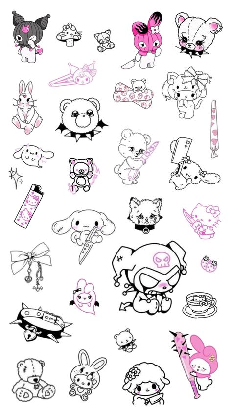 Kawaii Patchwork Tattoo, Kuromi Flash Tattoo, My Melody And Kuromi Tattoo, Pusheen Tattoo, Tattoo Prompts, Kawaii Flash Tattoo, Cute Creepy Tattoos, Kuromi Art, Kuromi Tattoo