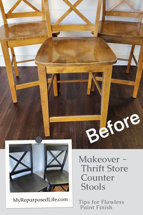 Refinishing Bar Stools, Refurbish Bar Stools Diy, Barstool Makeover With Backs, Refinish Bar Stools Wood, Redo Barstools Stool Makeover, Bathroom Cabinet Makeover, Black Counter Stools, Store Counter, Tall Bar Stools