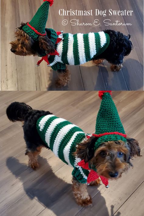 Elf Dog Costume Christmas Outfit Crochet Patterns Dog Sweater Crochet, Crochet Dog Sweater Free Pattern, Illustrated Pattern, Darning Needle, Crochet Dog Clothes, Needle Crochet, Christmas Dog Outfits, Dog Sweater Crochet Pattern, Dog Sweater Pattern