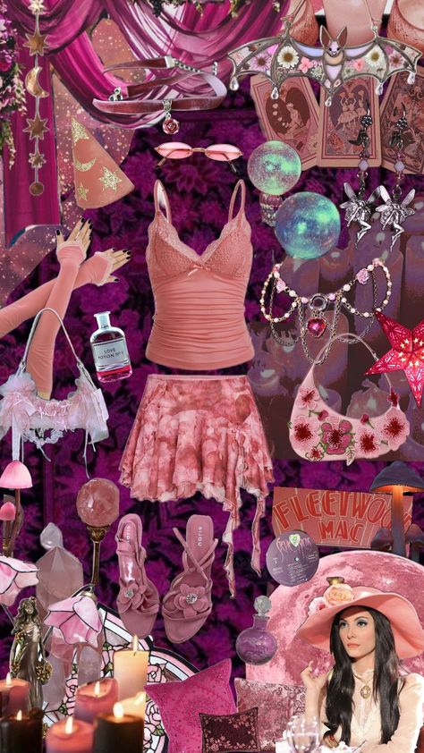 Pink whimsigoth style 🌸🩷🔮🩷🌸 - - - #whimsigoth #pink #aestethic #magic #lovewitch #potions #90s #charmed #fleetwoodmac #crystals #witch #witchy #pinkwitch #outfit #inspo #outfitinspo #tops #skirt #purse #jewelry #necklace #earrings #cute Pink Whimsigoth Outfit, Pink Witch Outfit, Whimsigoth Pink, Pink Whimsigoth, Pink Witch Aesthetic, Pink Aestethic, Witch Aesthetic Outfit, Quinn Aesthetic, Witch Aesthetic Fashion