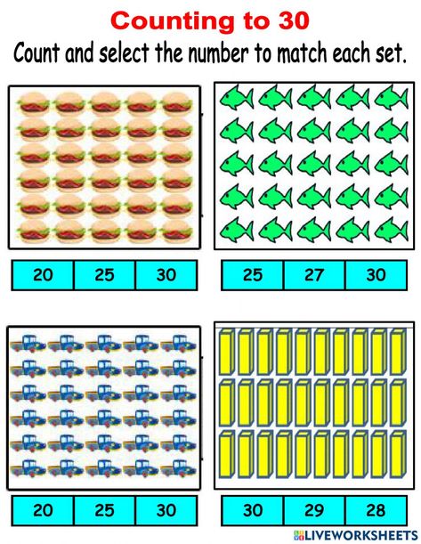 Counting to 30 worksheet Number 30 Worksheets For Preschool, 1 To 30 Worksheet, English Exam Papers, Math Counting Worksheets, Spring Math Kindergarten, Rote Counting, Kindergarten Math Worksheets Addition, Math Kindergarten, Counting Objects