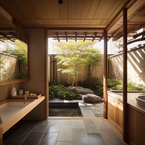 10+ Inspiring Traditional Japanese Bathroom Design Ideas to Create a Tranquil Oasis • 333+ Images • [ArtFacade] Zen Garden Bathroom Ideas, Japanese Wetroom, Home Onsen Japanese Bathroom, Japanese Garden Bathroom, Japanese Bathroom Aesthetic, Japanese Onsen Design, Japanese Spa Design, Japanese Bathroom Design Small Spaces, Japanese Modern Architecture