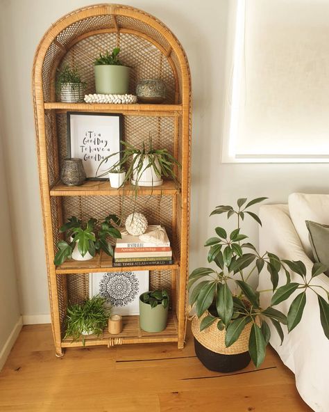 Unfinished Laundry Room, Cane Shelf, Boho Headboard, Home Decor Finds, Wicker Shelf, Home Decor Blog, Bookshelf Styling, Deco Boheme, Diy Fireplace