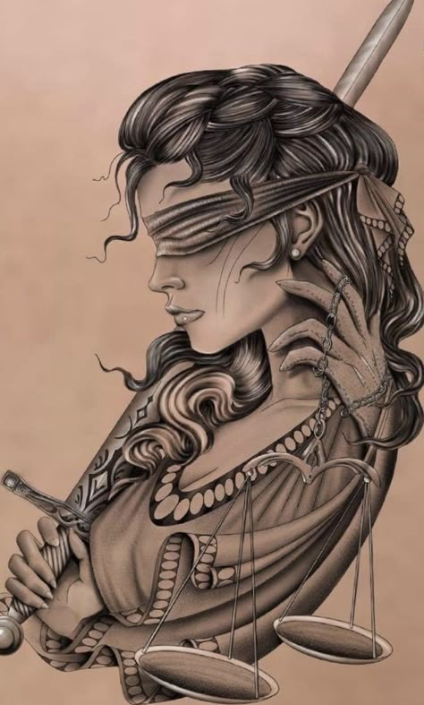 Goddess Nemesis Tattoo, Witchy Libra Tattoo, Nemesis Goddess Tattoo, Lady Of Justice Tattoo, Goddess Of Justice Tattoo, Best Libra Tattoos, Woman Warrior Tattoo Goddesses, Female Warrior Tattoo Goddesses, Lady Justice Tattoo Design