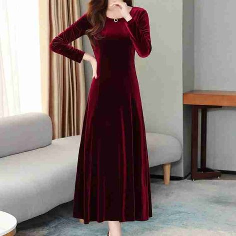 Summer Dress Korean, Long Dress Black, Party 2023, Long Sleeve Velvet Dress, Maxi Long Dress, Green Velvet Dress, Hello Fashion, Fashion Gowns, Maroon Dress