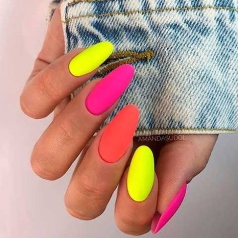 Cute matte neon yellow almond nails mixed with bright neon colors nails design! #naildesign #nailart #coffinnails Neon Yellow Nails, Unghie Sfumate, Yellow Nails Design, Blue Nail, Pink Acrylic, Pink Nail, Neon Nails, Dipped Nails, Yellow Nails