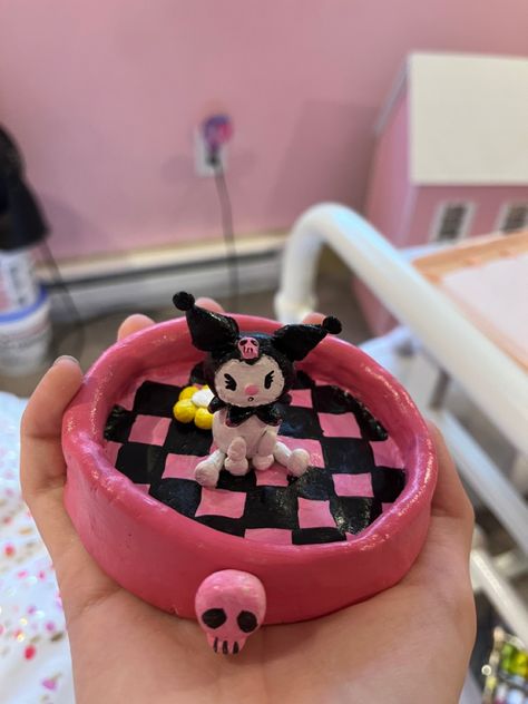 Made out of air dry clay! The paint is acrylic! I used modpodge to seal it! Kuromi Clay Art, Kuromi Clay, Clay Stuff, Dry Clay, Air Dry Clay, Clay Art, Clay Crafts, Making Out, Air Dry