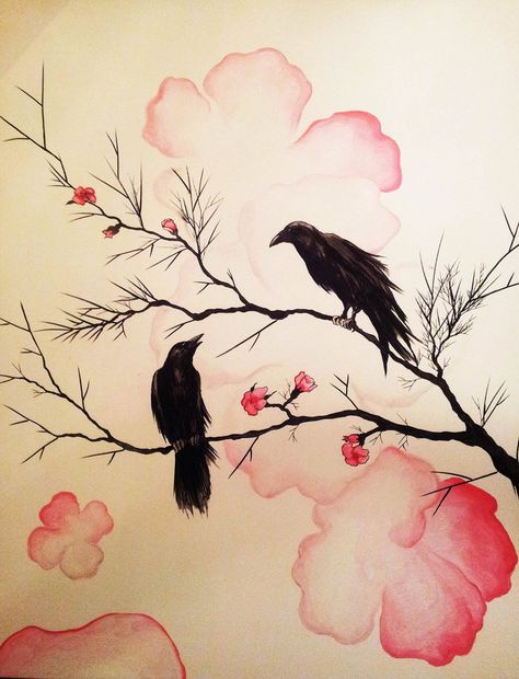 Raven And Cherry Blossom Tattoo, Moon And Raven Tattoos, Tattoo Sweater, Cherry Blossom Tree Tattoo, Crow Tattoo Design, Blossom Tree Tattoo, Sakura Tattoo, Pumpkin Tattoo, Branch Tattoo