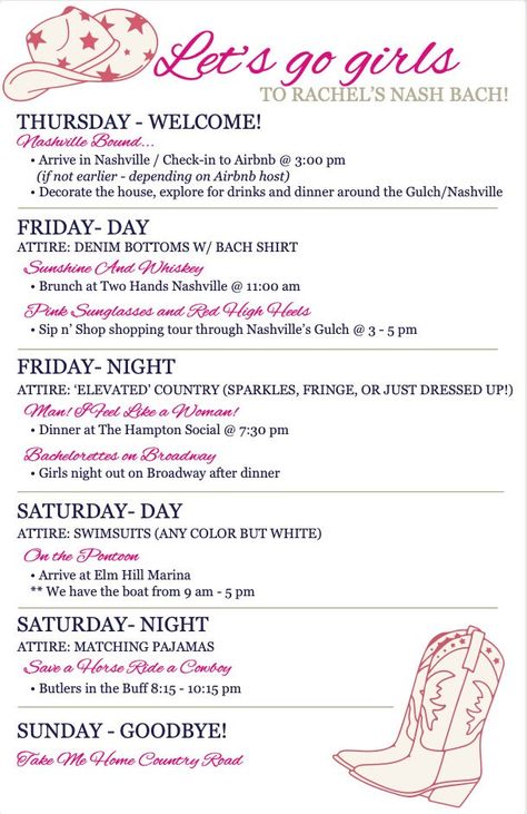 Planning a bachelorette party in Nashville? Look no further! Our "Let's Go Girls" themed bachelorette itinerary template is the perfect solution for brides-to-be and their squad. With this easy-to-use template, you can create a personalized itinerary that captures all the excitement and fun of Music City. What's Included: - Customizable Design: Our professionally designed template features a vibrant and eye-catching "Let's Go Girls" theme, complete with Nashville-inspired graphics and typography Bach Trip Itinerary, Bachelorette Itinerary Nashville, Nashville Itinerary Bachelorette Weekend, Bachelorette Trip Itinerary, Bachelorette In Nashville, Nashville Bachelorette Itinerary, Nashville Themed Bachelorette Party, Nashville Bachelorette Party Itinerary, Bachelorette Party Ideas Nashville