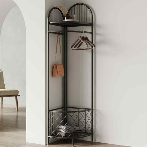 Small Space Hanging Storage, Small Apartment Bedroom Organization, Coat Rack Living Room, Metal Rack Decor, Bathroom Coat Rack, Landing Pad Entryway, Corner Clothes Storage, Storage For Small Apartment, Functional Interior Design Space Saving