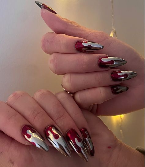 nail inspo, red nails, drip nails, spooky nails, halloween nails, red nails, blood nails, 3d nails, baddie nails, scary nails, jelly red nails, nail designs, nail inspo, gelx nails, gelx inspo, nail photos, fall nails, cool nails, stiletto nails, long nails Chrome Blood Nails, Red Blood Nails, Halloween Nails Blood Drip, Chrome Drip Nails, Jelly Red Nails, Red Nails Chrome, Baddie Halloween Nails, Chrome Nails Halloween, Halloween Nails Blood