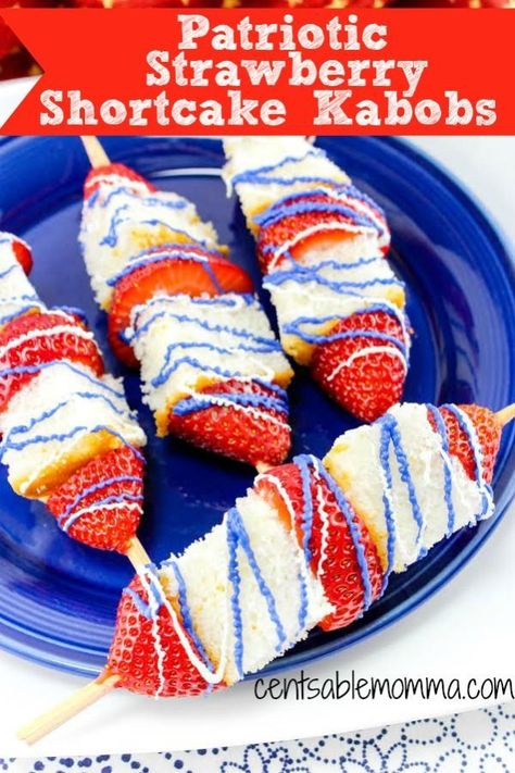 If you're looking for for patriotic red, white, and blue food to celebrate Memorial Day or the Fourth of July, you'll love these Patriotic Strawberry Shortcake Kabobs made with strawberries and angel food cake with blue melted chocolate drizzled on top. Yum! Strawberry Shortcake Kabobs, Strawberry Shortcake Skewers, Dessert Kabobs, Strawberry Shortcake Dessert, Patriotic Desserts, Strawberry Shortcake Recipes, Fruit Skewers, Shortcake Recipe, Fruit Kabobs