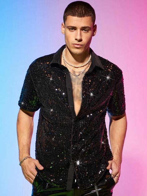 Black Party Collar Short Sleeve Woven Fabric Plain Shirt Embellished Non-Stretch  Men Clothing Disco Theme Men Outfit, Men’s Disco Party Outfit, Glitter Men Outfit, Disco Cowboy Men, Disco Party Outfit Ideas Men, Disco Glam Outfits Men, Eras Tour Outfit Ideas Men, Glitz And Glam Party Outfit Men, Guy Party Outfits