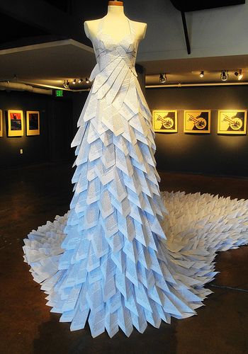 Normalcy, Not Nostrums | This is a paper dress created by Co… | Flickr Recycled Gown, Newspaper Dress, Paper Clothes, Recycled Dress, Origami Fashion, Diy Kostüm, Paper Fashion, Paper Dress, Idee Cosplay